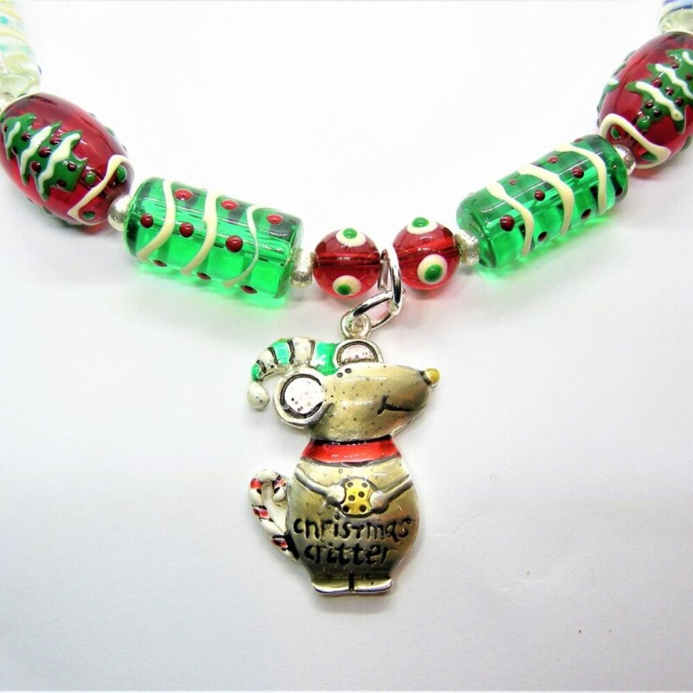 100% Handcrafted Mouse Pendant Christmas Necklace & Mismatched Earring Set